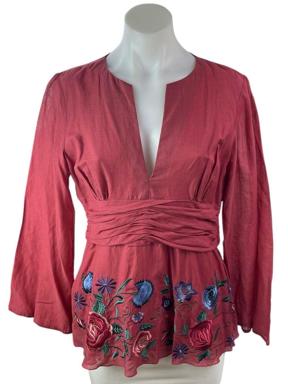 Tibi Women's Pink Silk Floral Embroidered Long Sleeve Peplum Blouse Top Size L